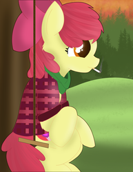 Size: 2550x3300 | Tagged: safe, artist:skyflys, apple bloom, g4, bow, cigarette, clothes, high res, hipster, older, shirt, smoking, swing