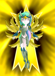 Size: 1304x1800 | Tagged: safe, artist:foxgearstudios, princess celestia, equestria girls, g4, abstract background, breasts, clothes, crossover, digimon, female, fusion, magnangemon, seraphimon, smiling, solo, wings