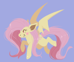 Size: 1315x1107 | Tagged: safe, artist:kipaki, fluttershy, bat pony, pony, g4, bat wings, fangs, female, flutterbat, flying, looking away, mare, messy mane, race swap, red eyes, simple background, smiling, solo, spread wings, wings