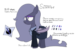 Size: 2048x1296 | Tagged: safe, artist:moonatik, derpibooru exclusive, oc, oc only, oc:selenite, bat pony, bat pony oc, clothes, cutie mark, dress, eyeshadow, makeup, reference sheet, simple background, solo, suit, tights, transparent background, writing