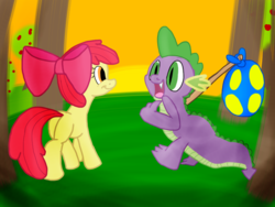 Size: 1024x768 | Tagged: safe, artist:biosonic100, apple bloom, spike, dragon, pony, g4, blank flank, context in description, female, filly, male, noon, ship:spikebloom, shipping, stick, straight, sun, sweet apple acres