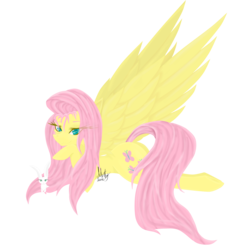 Size: 6800x6890 | Tagged: safe, artist:mintyteaart, angel bunny, fluttershy, pegasus, pony, rabbit, g4, absurd resolution, bedroom eyes, butt, duo, female, hoof under chin, large wings, lidded eyes, long mane, long tail, looking at you, lying down, mare, pet, plot, prone, signature, simple background, smiling, smug, solo focus, spread wings, transparent background, wings