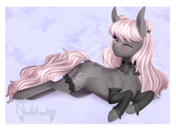 Size: 1024x751 | Tagged: safe, artist:noodlefreak88, oc, oc only, earth pony, pony, abstract background, arm warmers, blushing, bow, bun, choker, clothes, female, lace, long mane, long tail, lying, lying down, mare, on side, one eye closed, pink eyes, smiling, socks, solo, stockings, thigh highs, watermark, wink