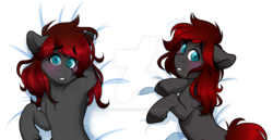 Size: 1023x529 | Tagged: safe, artist:twisted-sketch, oc, oc only, earth pony, pony, bed, blue eyes, blushing, body pillow, body pillow design, cropcon, cropped, hooves behind head, hooves together, male, on back, on bed, prone, simple background, solo, stallion, unshorn fetlocks, watermark, white background
