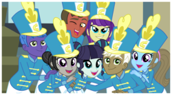 Size: 9541x5279 | Tagged: safe, artist:punzil504, beauty brass, coloratura, frederic horseshoepin, majorette, octavia melody, parish nandermane, sweeten sour, symphony song, equestria girls, g4, my little pony equestria girls: friendship games, absurd resolution, background human, clothes, clothes swap, equestria girls-ified, hat, hill song, open mouth, rara
