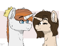 Size: 1342x1045 | Tagged: safe, artist:roieen, oc, pony, unicorn, blue eyes, bust, chest fluff, coat markings, crown, cute, digital art, ear fluff, eyes closed, facial markings, female, freckles, happy, horn, horns are touching, jewelry, male, oc x oc, regalia, shipping, short mane, simple background, smiling, star (coat marking), straight