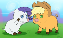 Size: 1000x600 | Tagged: safe, artist:empyu, applejack, rarity, pig, g4, :t, applepig, confused, cowboy hat, duo, eye contact, female, frown, grass, gritted teeth, hat, lidded eyes, looking at each other, no pupils, pigified, raised eyebrow, raripig, sitting, species swap, stetson, worried