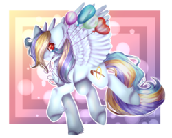 Size: 1000x800 | Tagged: safe, artist:anisa-mlp222, oc, oc only, pegasus, pony, abstract background, action pose, balloon, digital art, female, long mane, long tail, looking at you, looking back, mare, mouth hold, orange eyes, solo, spread wings, trotting, unshorn fetlocks, wings