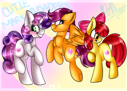 Size: 952x679 | Tagged: safe, artist:tehgamingcherryyt, apple bloom, scootaloo, sweetie belle, earth pony, pegasus, pony, unicorn, g4, cutie mark, cutie mark crusaders, female, filly, glowing cutie mark, smiling, the cmc's cutie marks, trio