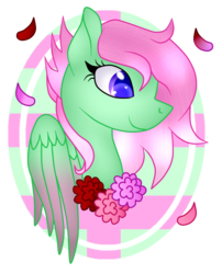 Size: 1632x2016 | Tagged: safe, artist:bluemoonbluepony, oc, oc only, oc:strawberry, pegasus, pony, bust, colored wings, colored wingtips, female, flower, mare, portrait, simple background, solo, transparent background