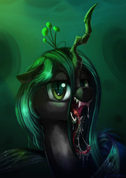 Size: 2480x3508 | Tagged: safe, artist:tony-retro, queen chrysalis, changeling, changeling queen, g4, antagonist, crown, digital art, drool, female, high res, jewelry, regalia, solo, tongue out