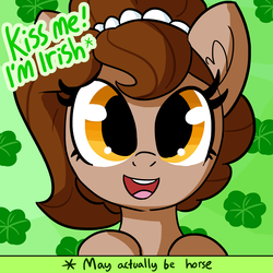 Size: 3000x3000 | Tagged: safe, artist:tjpones, oc, oc only, oc:brownie bun, earth pony, pony, horse wife, :d, abstract background, bust, clover, cute, dialogue, ear fluff, female, four leaf clover, high res, holiday, kiss me i'm irish, leaning, looking at you, mare, open mouth, saint patrick's day, smiling, solo, text