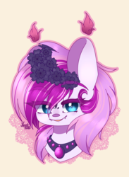 Size: 1650x2250 | Tagged: safe, artist:naattheart, oc, oc only, ambiguous race, pony, abstract background, ambiguous facial structure, fangs, female, floral head wreath, flower, jewelry, mare, peytral, solo