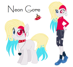 Size: 633x581 | Tagged: safe, artist:mintoria, oc, oc only, oc:neon gore, earth pony, pony, equestria girls, g4, choker, clothes, female, hand on hip, heterochromia, mare, simple background, solo, spiked choker, transparent background