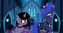 Size: 1906x1014 | Tagged: safe, artist:themisslittledevil, princess luna, oc, oc:midnight dreams, alicorn, pony, g4, bags under eyes, female, horn, horn ring, mare, mother and daughter, offspring, parent:king sombra, parent:princess luna, parents:lumbra
