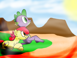 Size: 1024x768 | Tagged: safe, artist:biosonic100, apple bloom, spike, dragon, pony, fanfic:blooming travels, g4, alternate cutie mark, alternate universe, cover art, fanfic, fanfic art, female, male, mare, mountain, older, older apple bloom, older spike, river, ship:spikebloom, shipping, straight, sun, teenage apple bloom, teenage spike, teenager