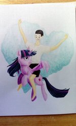 Size: 692x1154 | Tagged: safe, artist:aohakath, twilight sparkle, oc, alicorn, human, pony, g4, barefoot, canon x oc, carrying, clothes, cloud, crossover, crossover shipping, feet, female, flying, fun, happy, heart, human male, humans riding ponies, love, male, mane, mare, riding, shipping, smiling, traditional art, true love, twilight sparkle (alicorn), wings