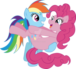 Size: 1600x1438 | Tagged: safe, artist:james-li, pinkie pie, rainbow dash, earth pony, pegasus, pony, g4, female, lesbian, looking at each other, mare, open mouth, ship:pinkiedash, shipping, simple background, smiling, transparent background, watermark