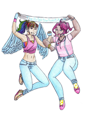 Size: 948x1319 | Tagged: safe, artist:rubyrosegloom, pinkie pie, rainbow dash, human, g4, armpits, clothes, female, humanized, jumping, lesbian, open mouth, ship:pinkiedash, shipping, winged humanization, wings