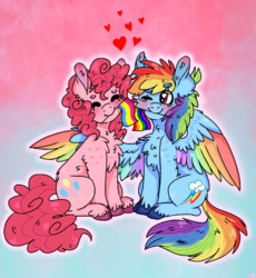 Size: 708x768 | Tagged: dead source, safe, artist:wanderingpegasus, pinkie pie, rainbow dash, earth pony, pegasus, pony, g4, colored wings, duo, female, flag, gay pride, gay pride flag, lesbian, mare, mouth hold, multicolored wings, pansexual, pansexual pride flag, pride, rainbow wings, ship:pinkiedash, shipping