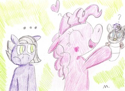Size: 1970x1437 | Tagged: safe, artist:ptitemouette, limestone pie, pinkie pie, oc, oc:rock skull, earth pony, pony, g4, ..., bags under eyes, blushing, eyes closed, female, floating heart, floppy ears, heart, magical lesbian spawn, mare, offspring, parent:gilda, parent:limestone pie, parents:gildastone, question mark, smiling