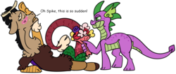 Size: 1654x699 | Tagged: safe, artist:mrraapeti, discord, spike, draconequus, dragon, g4, blushing, bouquet, flower, gay, male, older, ship:dispike, shipping, simple background, speech, transparent background