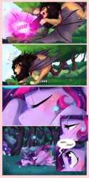 Size: 1024x2048 | Tagged: safe, artist:wilvarin-liadon, spike, twilight sparkle, alicorn, dragon, manticore, pony, comic:the curse of the elements, g4, backpack, claws, comic, dazed, everfree forest, fangs, food, magic, mushroom, sandwich, speech bubble, teleportation, twilight sparkle (alicorn), wings