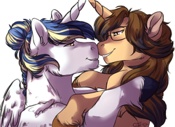 Size: 820x596 | Tagged: safe, artist:cutedoggyes, oc, oc only, oc:marina seasong, oc:silver song, alicorn, pony, unicorn, alicorn oc, eye contact, fanart, female, glasses, horn, horns are touching, looking at each other, mare, simple background, unshorn fetlocks, white background