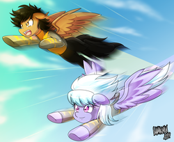 Size: 4500x3667 | Tagged: safe, artist:danmakuman, cloudchaser, oc, oc:shine racer, pegasus, pony, g4, absurd resolution, clothes, commission, flying, open mouth, smiling