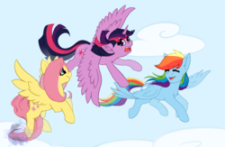 Size: 2000x1300 | Tagged: safe, artist:sinrinf, fluttershy, rainbow dash, twilight sparkle, alicorn, pegasus, pony, g4, cloud, female, first flight, flying, flying lesson, horn, mare, sky, spread wings, twilight sparkle (alicorn), wings