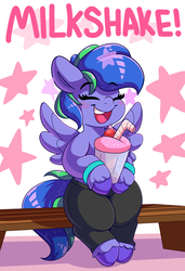Size: 2400x3510 | Tagged: safe, artist:graphene, oc, oc only, oc:felicity stars, pegasus, pony, clothes, cute, female, filly, high res, mare, milkshake, pants, solo, yoga pants, younger