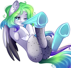 Size: 2222x2134 | Tagged: safe, artist:airiniblock, oc, oc only, oc:akemi, pegasus, pony, rcf community, butt, butt freckles, clothes, colored wings, colored wingtips, ear fluff, ear freckles, female, freckles, frog (hoof), high res, looking at you, mare, mouth hold, on back, plot, simple background, socks, solo, underhoof, unshorn fetlocks, white background