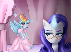 Size: 1587x1164 | Tagged: safe, artist:moongirlevil, rainbow dash, rarity, g4, and then there's rarity, blushing, brush, clothes, curtains, dress, eyelashes, force dressing, forced makeover, glasses, glowing horn, horn, lipstick, magic, makeover, makeup, model, modeling, puffy sleeves, rainbow dash always dresses in style, rarity's glasses, revenge, telekinesis, tomboy taming