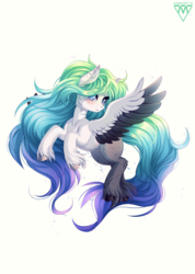 Size: 928x1300 | Tagged: safe, artist:margony, oc, oc only, pegasus, pony, blushing, commission, female, long mane, looking at you, mare, simple background, solo, spread wings, unshorn fetlocks, white background, wings