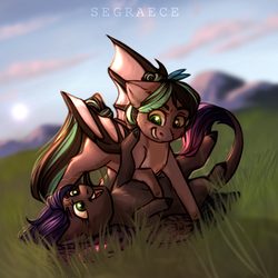 Size: 1024x1024 | Tagged: safe, artist:segraece, oc, oc only, oc:cocoa dot, oc:evening howler, bat pony, pegasus, pony, bat pony oc, chest fluff, commission, duo, female, field, grass, leonine tail, looking at each other, mare, mountain, playing, scenery, smiling