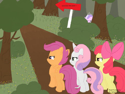 Size: 540x405 | Tagged: safe, artist:deepfaceglitter, apple bloom, diamond tiara, scootaloo, sweetie belle, g4, bloom butt, butt, cutie mark crusaders, dirt road, female, filly, foal, forest, nature, plot, scootabutt, sweetie butt, this will end in pain, this will end in tears, this will end in tears and/or death and/or covered in tree sap, this will end well, this will not end well, tree