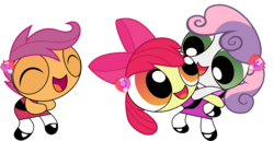 Size: 1281x661 | Tagged: safe, artist:phucknuckl, apple bloom, scootaloo, sweetie belle, g4, cutie mark crusaders, powerpuff crusaders, powerpuffified, simple background, the powerpuff girls, transparent background