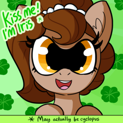 Size: 3000x3000 | Tagged: safe, artist:dsp2003, artist:tjpones edits, edit, oc, oc only, oc:brownie bun, cyclops, cyclops pony, earth pony, pony, horse wife, abstract background, bust, clover, dialogue, ear fluff, female, four leaf clover, high res, holiday, kiss me i'm irish, looking at you, mare, open mouth, pun, saint patrick's day, solo, sonic dreams, text, text edit, wat