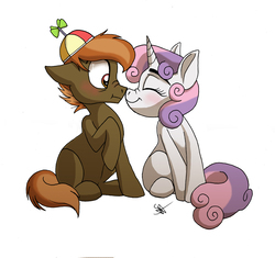 Size: 5256x4932 | Tagged: safe, artist:celestial-rainstorm, button mash, sweetie belle, pony, g4, absurd resolution, boop, female, male, noseboop, nuzzling, ship:sweetiemash, shipping, simple background, sitting, straight, white background
