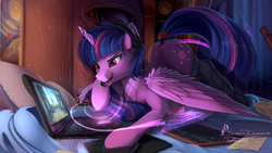 Size: 1920x1080 | Tagged: safe, artist:discordthege, twilight sparkle, alicorn, pony, g4, bed, bedroom, butt, chalkboard, clothes, computer, female, fighter, hologram, horn, jet, jet fighter, kerbal space program, laptop computer, magic, mare, mig-31, pillow, plot, smiling, socks, solo, thigh highs, twilight sparkle (alicorn), video game, wallpaper, wings