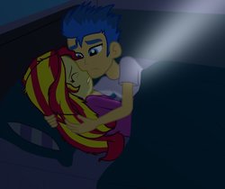 Size: 975x819 | Tagged: safe, artist:majkashinoda626, flash sentry, sunset shimmer, equestria girls, g4, bed, darkness, female, hug, in bed, male, nightmare, pillow, ship:flashimmer, shipping, straight