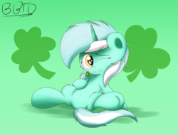 Size: 3505x2660 | Tagged: safe, artist:bronybehindthedoor, lyra heartstrings, pony, unicorn, g4, belly button, blushing, clover, female, four leaf clover, high res, mare, one eye closed, shamrock, sitting, solo, spread legs, spreading