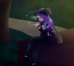 Size: 2000x1800 | Tagged: safe, artist:rmariansj, starlight glimmer, human, g4, blowing, cigarette, clothes, crossed legs, female, grass, humanized, pants, shoulder bag, smoking, solo, tree