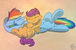 Size: 3000x2000 | Tagged: safe, artist:glitterstar2000, rainbow dash, scootaloo, pony, g4, cute, cutealoo, dashabetes, eyes closed, female, high res, hnnng, on back, scootalove, simple background, sleeping, smiling, underhoof