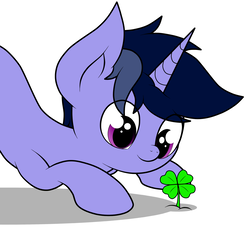 Size: 1640x1536 | Tagged: safe, artist:php142, oc, oc only, oc:purple flix, pony, unicorn, clover, cute, face down ass up, four leaf clover, holiday, looking down, male, ocbetes, saint patrick's day, simple background, smiling, solo, stallion, stare, white background