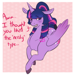 Size: 500x500 | Tagged: safe, artist:the-love-bug-queen, twilight sparkle, oc, oc:love bug, alicorn, changeling, pony, g4, alternate hairstyle, blushing, both cutie marks, dialogue, fangs, female, floppy ears, mare, open mouth, prone, solo, tail wrap, twilight sparkle (alicorn)