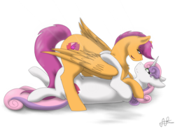 Size: 1033x759 | Tagged: safe, artist:scarletsfeed, scootaloo, sweetie belle, pegasus, pony, unicorn, g4, female, lesbian, looking at each other, mare, older, older scootaloo, older sweetie belle, ship:scootabelle, shipping, smiling