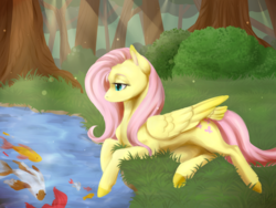 Size: 1600x1200 | Tagged: safe, artist:nightirisart, fluttershy, fish, pegasus, pony, g4, crepuscular rays, female, folded wings, forest, grass, looking at something, looking down, mare, pond, profile, prone, solo, swimming, tail feathers, tree, water