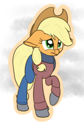 Size: 802x1194 | Tagged: safe, artist:litrojia, applejack, earth pony, pony, g4, abstract background, clothes, coat, female, floppy ears, frown, mare, pants, scarf, solo