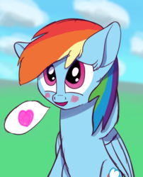 Size: 1100x1360 | Tagged: safe, artist:litrojia, rainbow dash, pegasus, pony, g4, blushing, female, heart, mare, open mouth, pictogram, sitting, smiling, solo